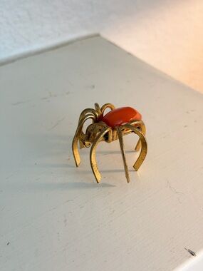 Vintage Gold Tone Spider Brooch Pin Red Cabochon Body